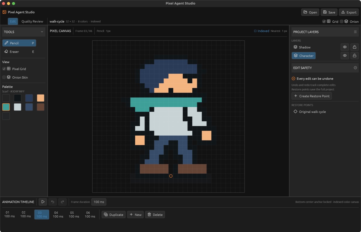 Pixel Agent Studio editing a six-frame indexed walk cycle